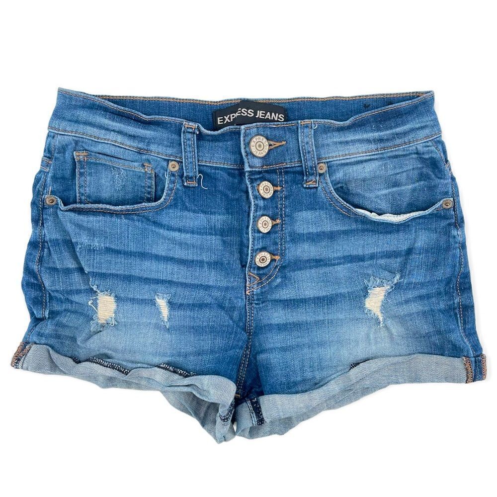 Express Jeans Women’s High Rise Button Fly Distressed Cuffed Denim Shorts Size 4